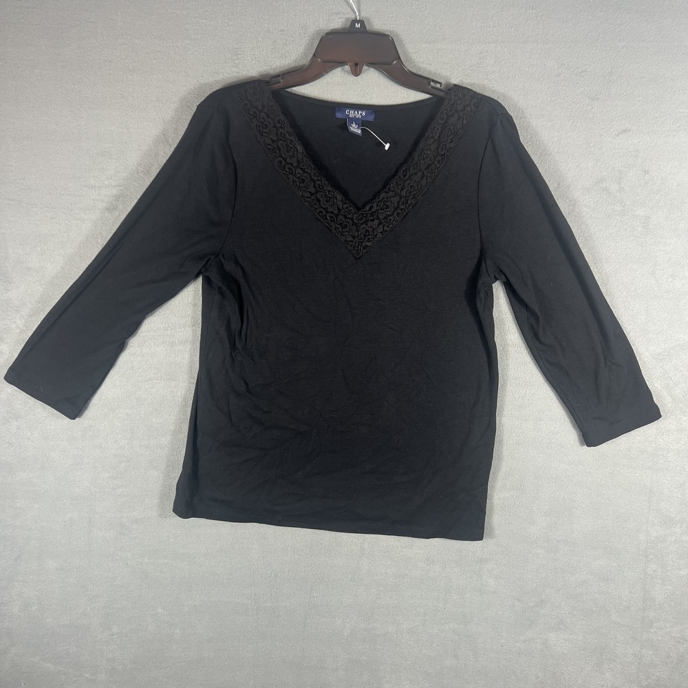 CHAPS Women's Black Lace Trim V-Neck 3/4 Sleeve Top Size L Cotton Blouse